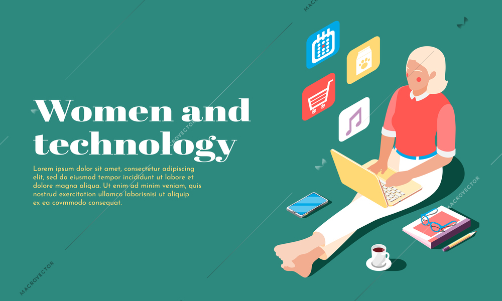 Women and technology isometric banner with female person using laptop for online shopping vector illustration