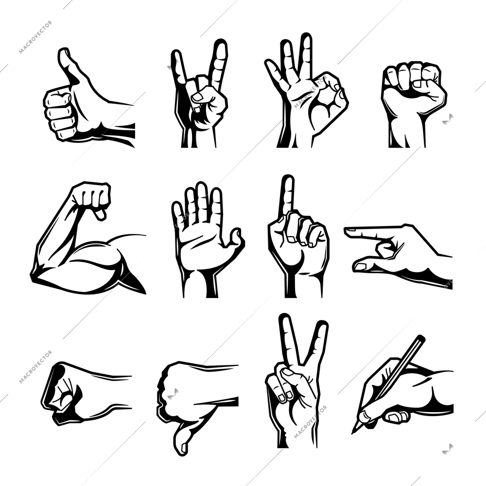 Hand wrist gesture black engraving icon set with thumb up down fist middle finger and other gestures vector illustration