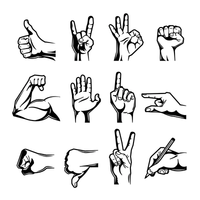 Hand wrist gesture black engraving icon set with thumb up down fist middle finger and other gestures vector illustration