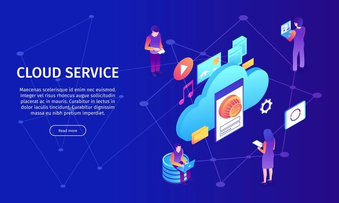 Isometric cloud service horizontal banner with composition of icons and images editable text and clickable button vector illustration
