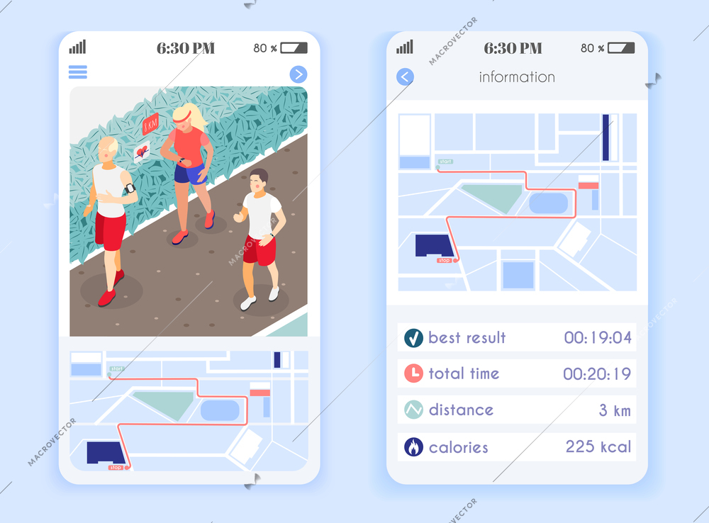 Family fitness mobile app banners with information about result time distance and burned calories isometric vector illustration