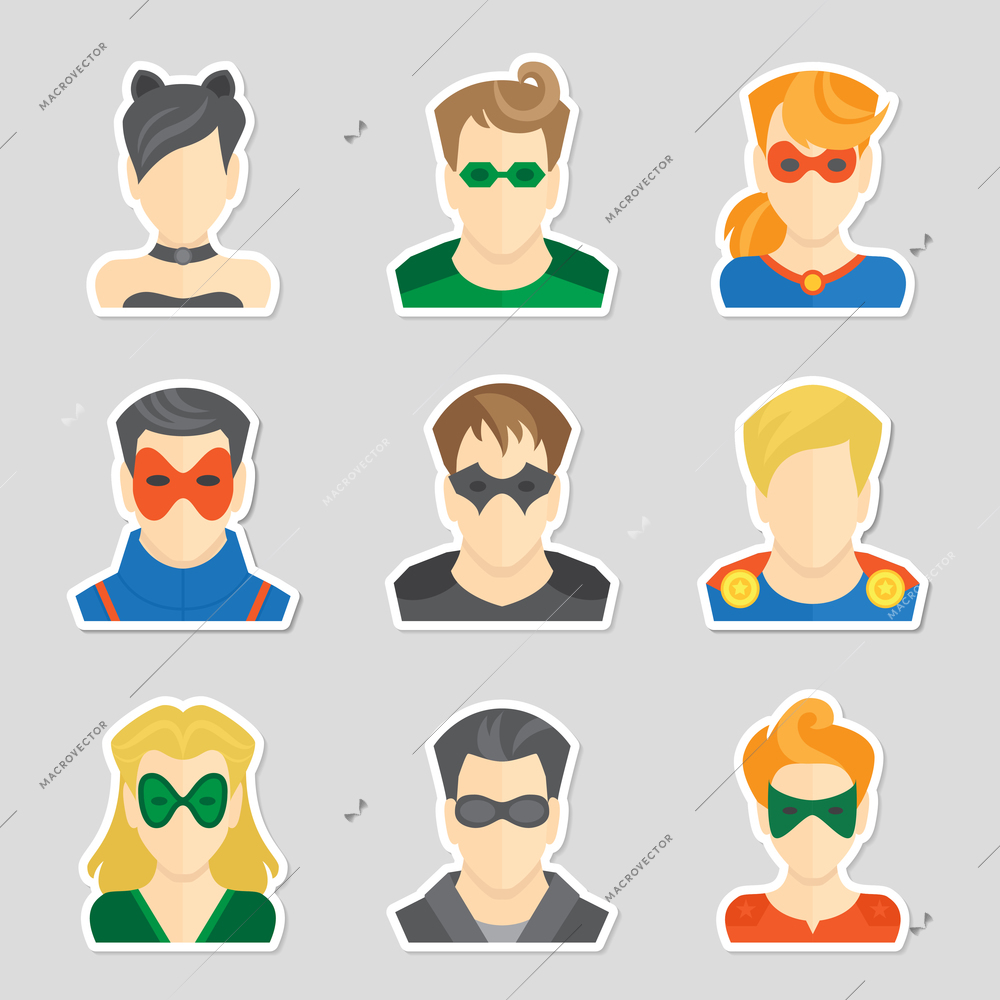 Set of comic character superheroes avatar icons in sticker style vector illustration