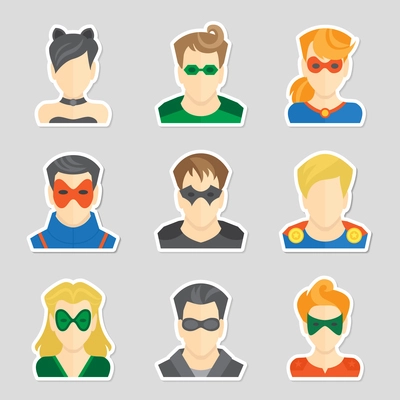 Set of comic character superheroes avatar icons in sticker style vector illustration