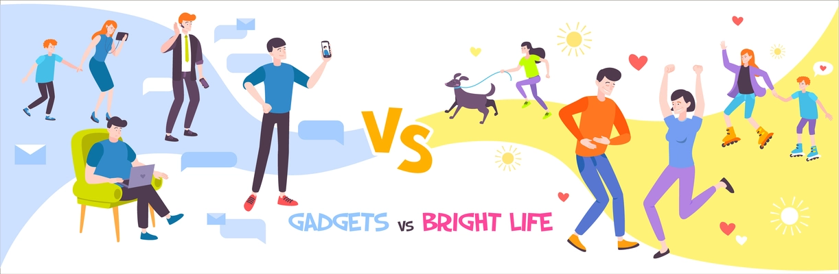 Flat design banner with people addicted to gadgets and leading active lifestyle vector illustration