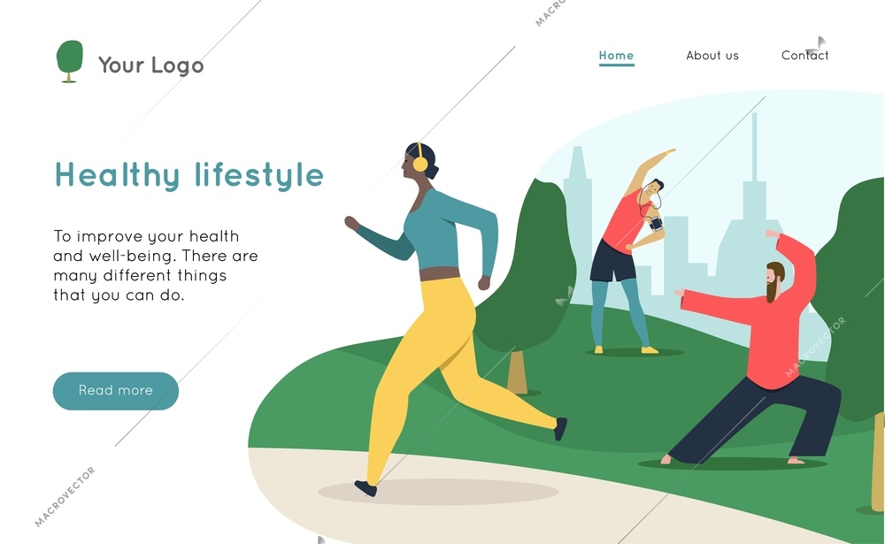 Web page sport website landing page with clickable links flat characters of running people and cityscape vector illustration