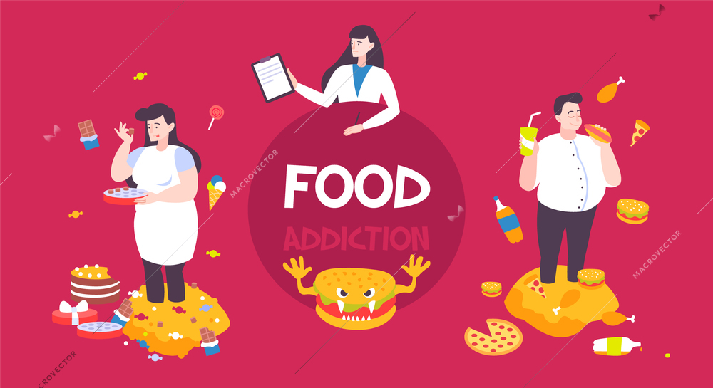 Food addiction flat background with female doctor and fat people eating burgers pizza chocolate cake vector illustration