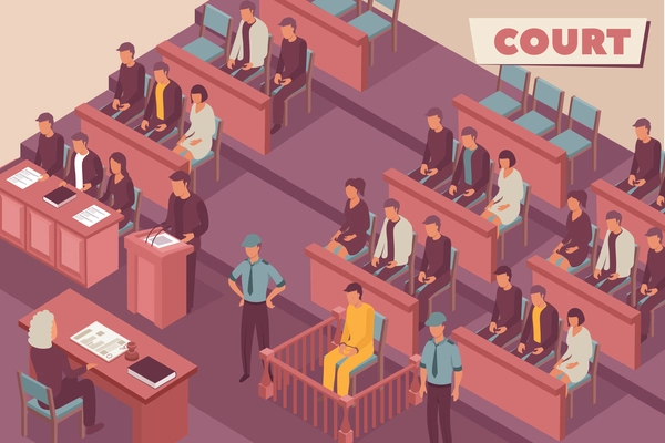 Court isometric background with judge defendant guard witness spectators characters in courtroom interior vector illustration