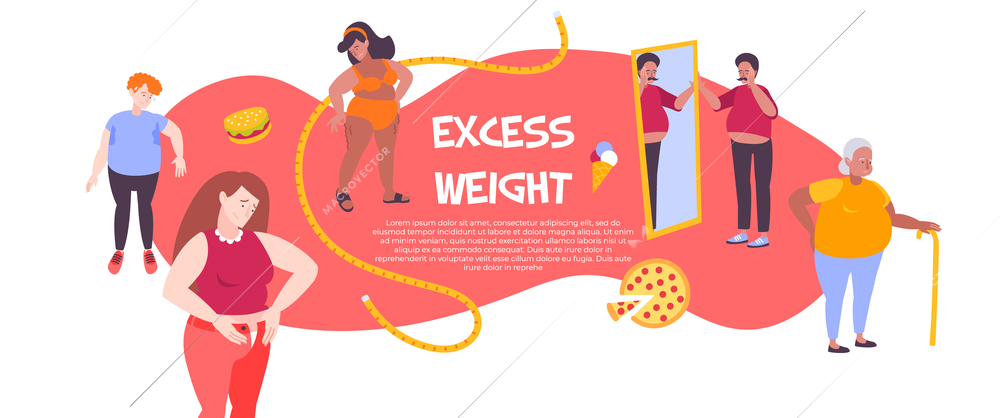 Flat banner with junk food icons and fat people measuring waist and looking at mirror vector illustration