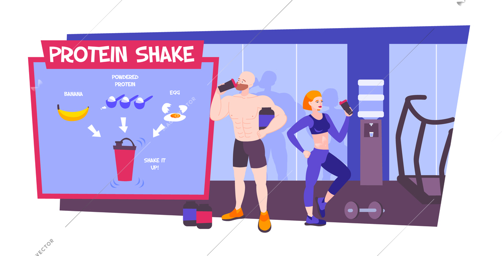 Protein shake composition with fitness room background human characters and infographic scheme with sport drink ingredients vector illustration