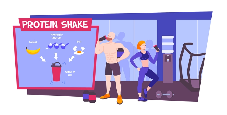 Protein shake composition with fitness room background human characters and infographic scheme with sport drink ingredients vector illustration