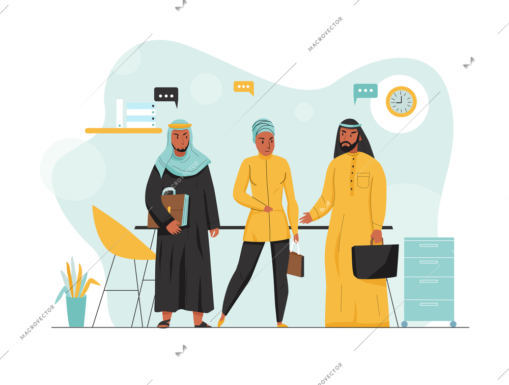Flat and colored arabs business composition three people at work in the office vector illustration