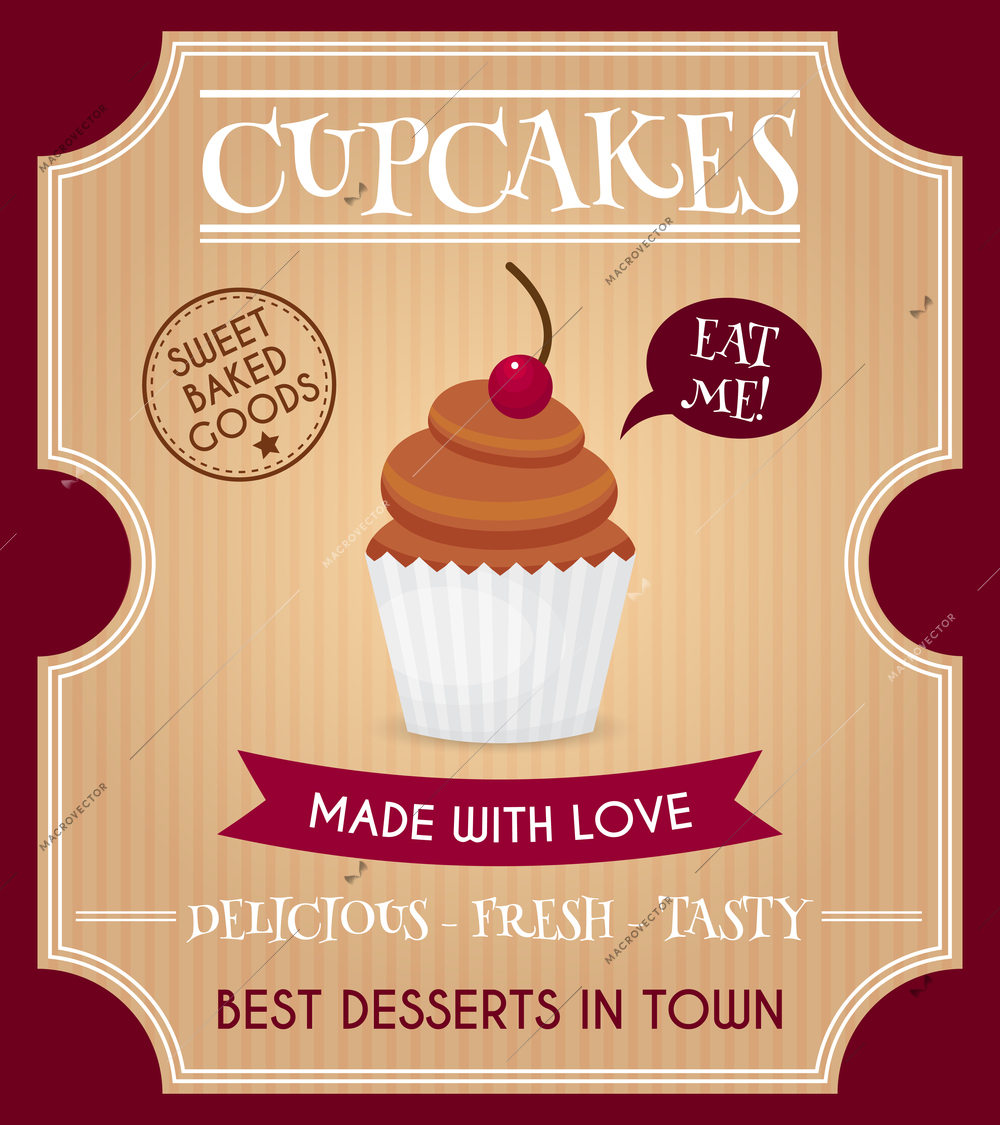 Sweet and tasty delicious food best dessert cupcake retro poster vector illustration