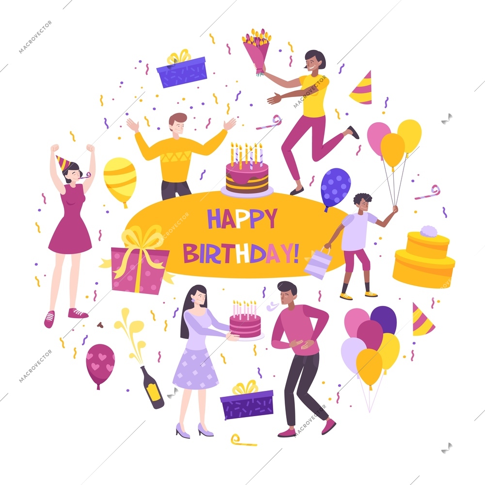 Flat round composition with cheerful people at birthday party and various festive elements on white background vector illustration