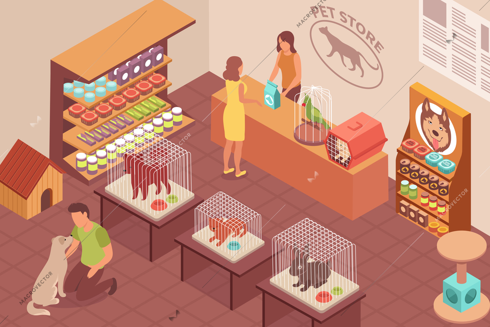 Pet shop isometric background with parrot cat dog and rabbit in cages seller and visitors vector illustration