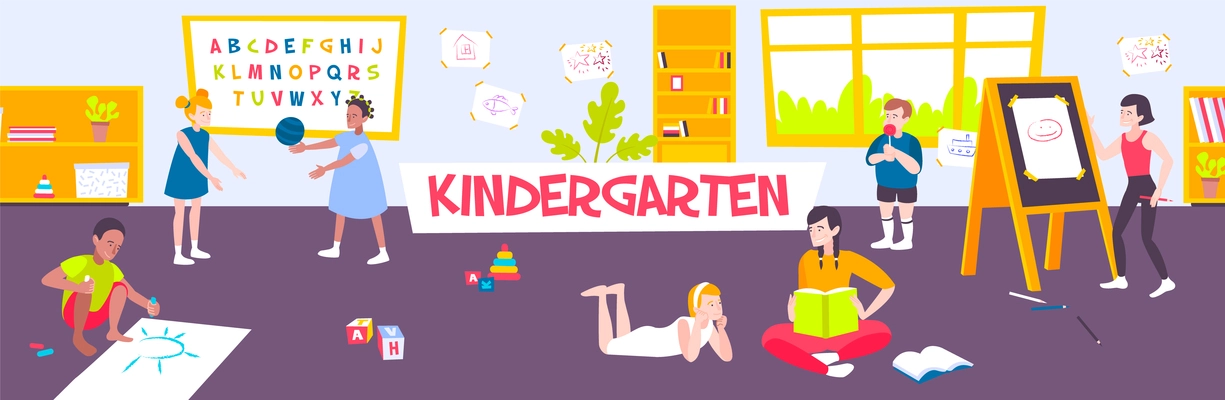 Horizontal banner with kids class drawing and playing in kindergarten flat vector illustration