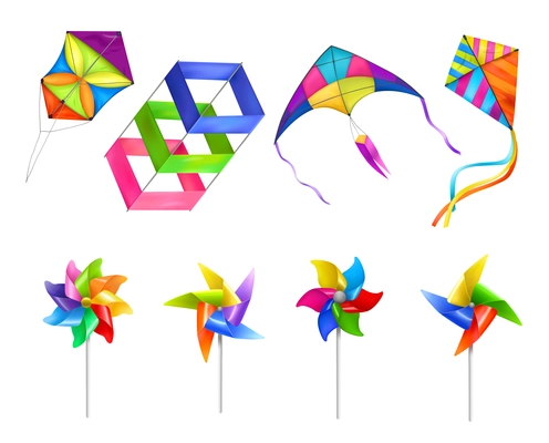 Isolated and realistic kite wind mill toy icon set with toys in different sizes flying in the sky vector illustration