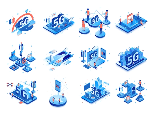 Isometric 5g internet set with isolated compositions of icons pictograms and images of electronic gadgets with people vector illustration