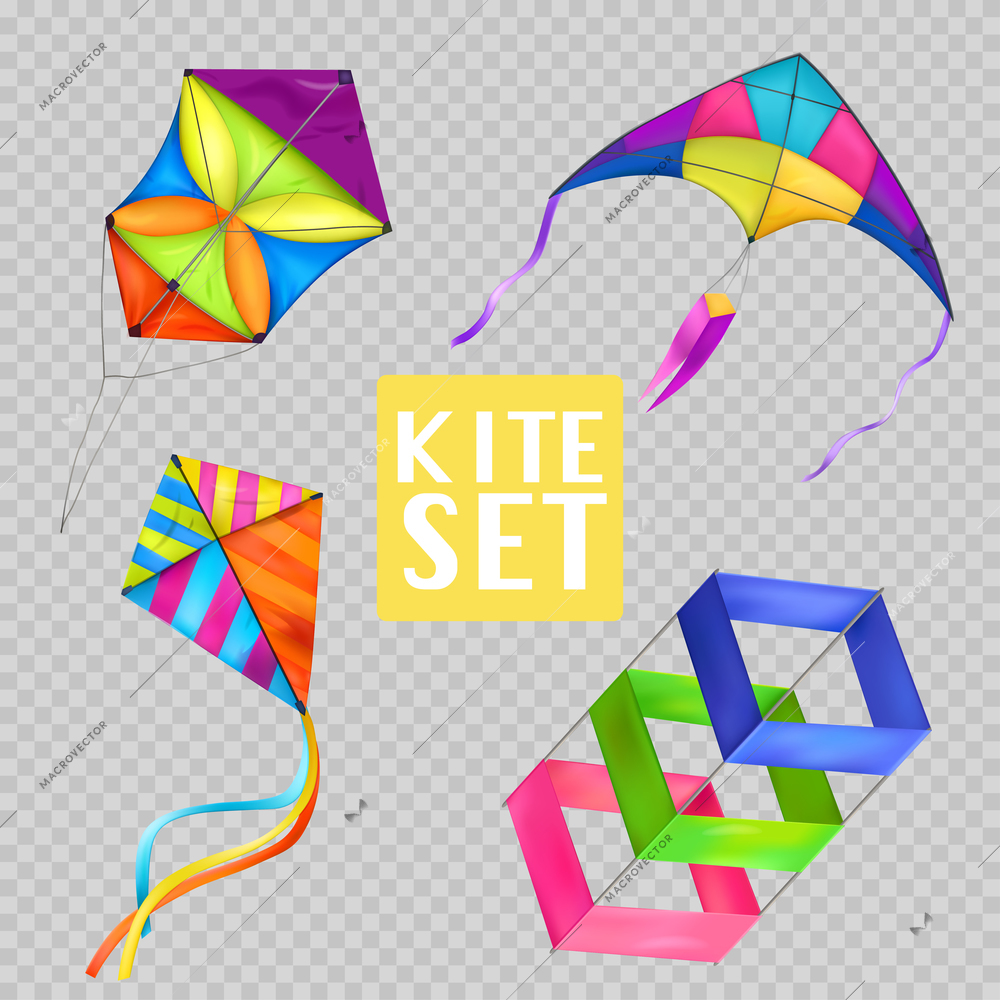 Colored isolated realistic kite transparent icon set with different styles and colors vector illustration