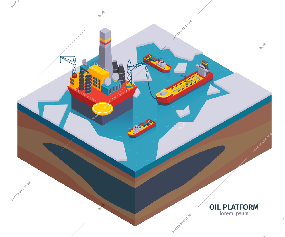 Isometric petroleum industry composition with editable text and images of oil extracting platform on the ice vector illustration