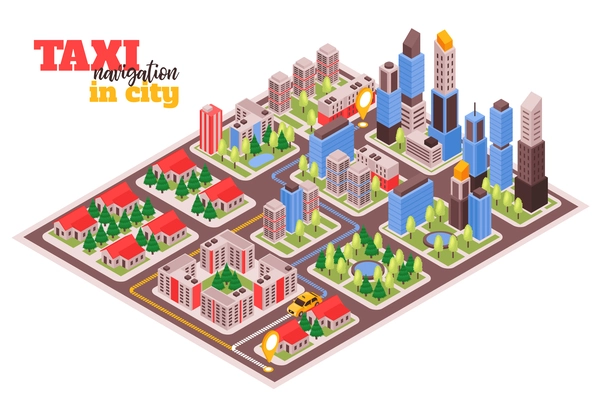 Modern city taxi service for travelers isometric composition with planning journey using smartphone navigation app vector illustration