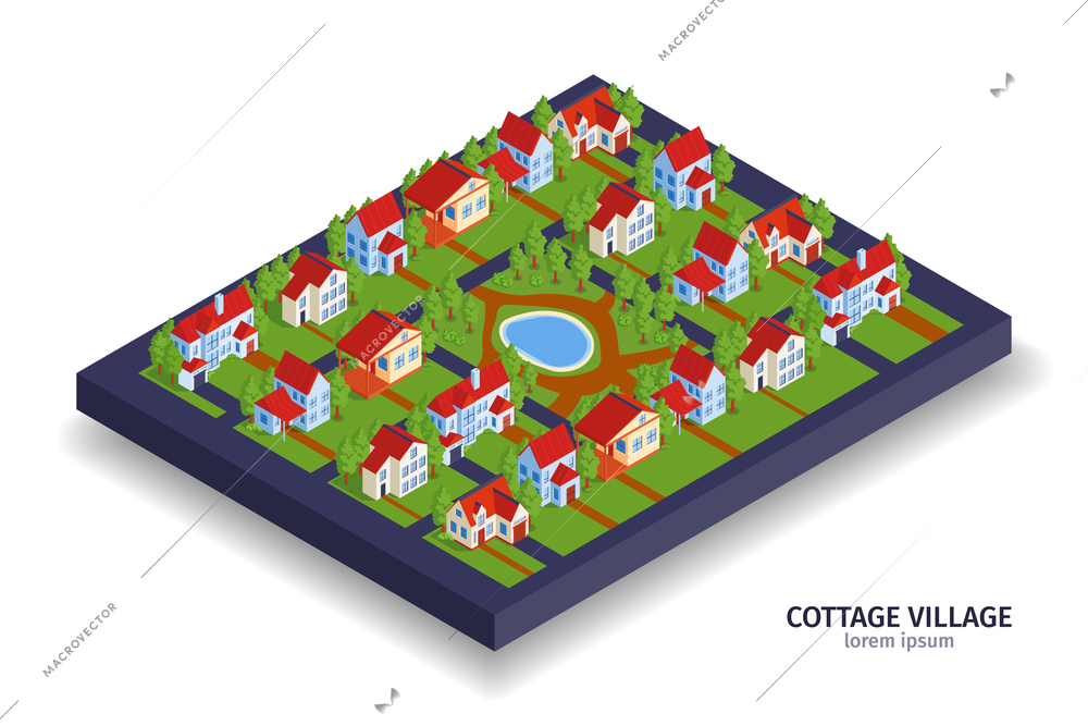 Isometric private town houses composition with view of modern district and homestead with cottages and text vector illustration