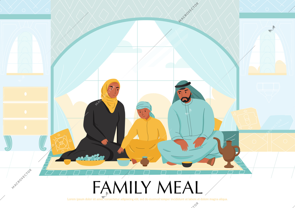 Flat arabs family meal composition with three people mother father and child eat food vector illustration
