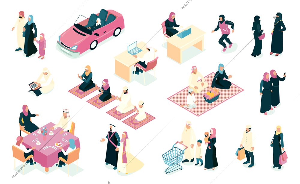 Isometric 3d color icons set with arab families eating doing shopping praying talking isolated on white background vector illustration