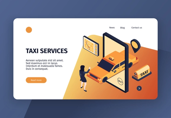 Isometric taxi concept banner web site landing page design with conceptual images clickable links and text vector illustration