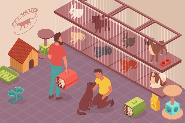 Homeless animals isometric composition with indoor view of pet shelter with cages kennels and people characters vector illustration