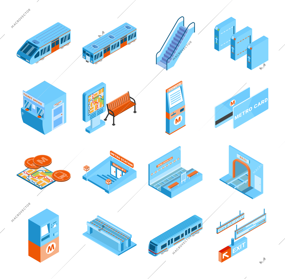 Metro isometric icons set with train tickets tunnel escalator turnstile isolated on white background 3d vector illustration