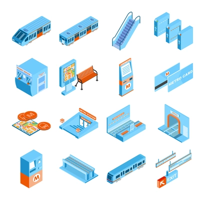 Metro isometric icons set with train tickets tunnel escalator turnstile isolated on white background 3d vector illustration