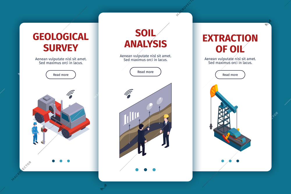 Isometric petroleum industry vertical banners collection with page switch buttons text and images of plant facilities vector illustration