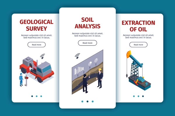 Isometric petroleum industry vertical banners collection with page switch buttons text and images of plant facilities vector illustration