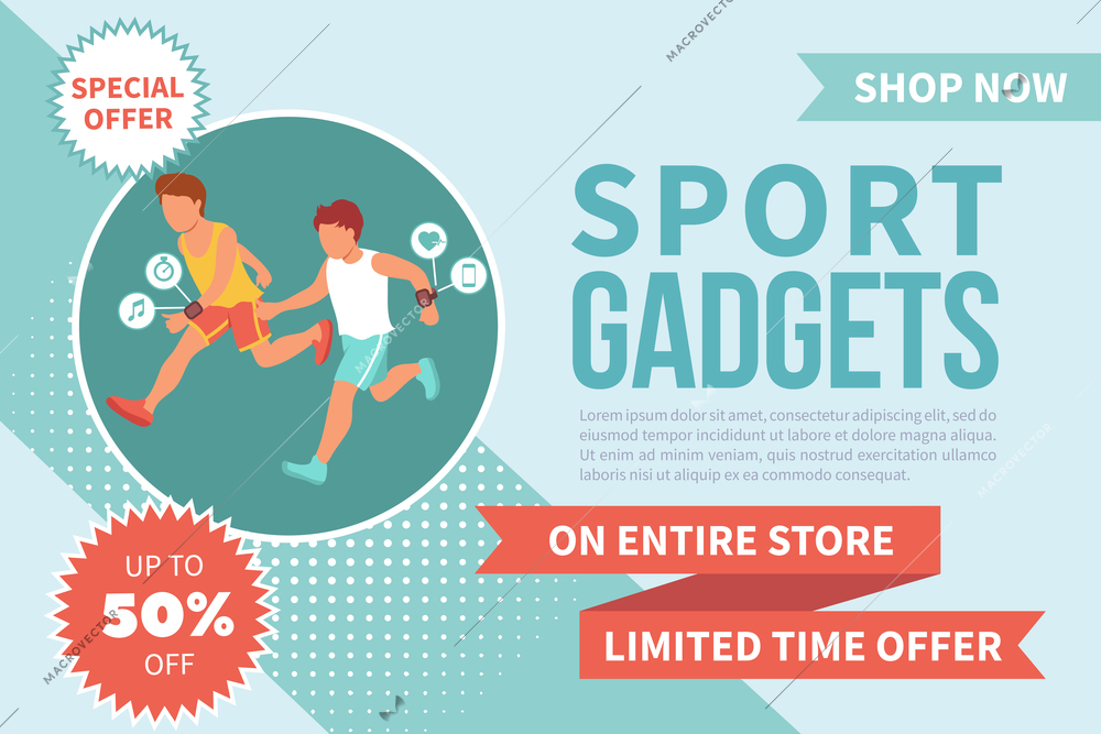 Sport gadget banner isometric background with editable text and images of running people with wearable accessories vector illustration