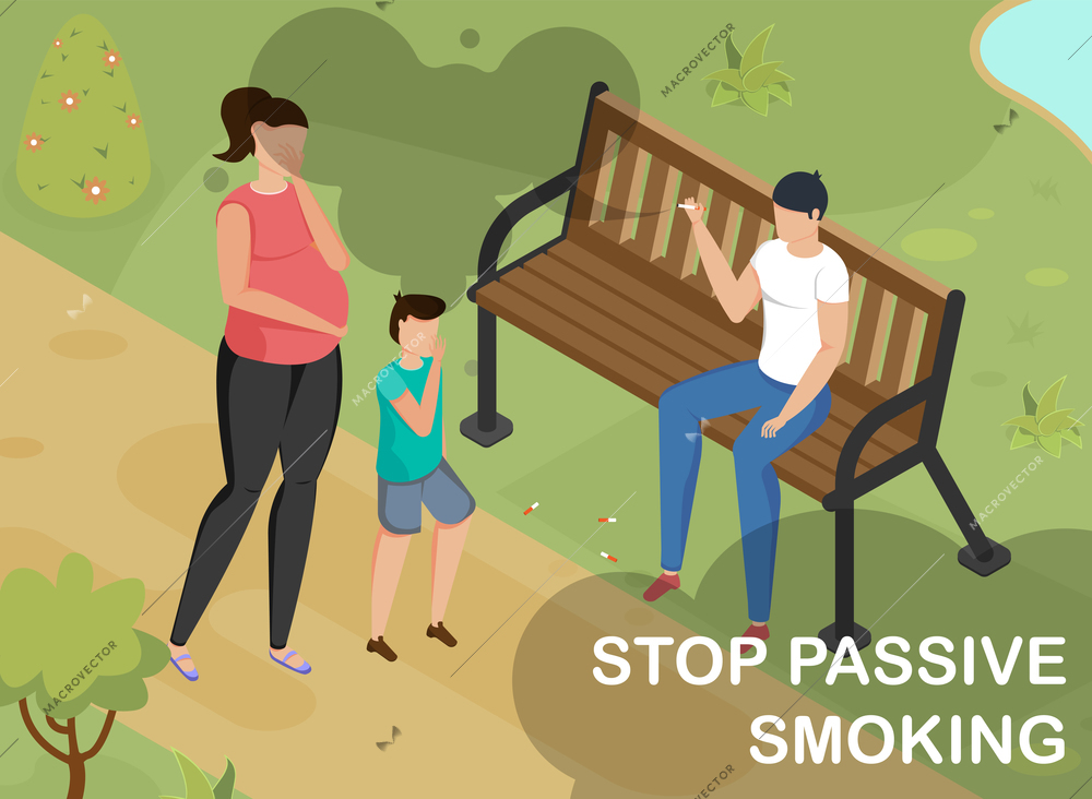 Isometric background with man smoking on bench in park and pregnant woman and child going by 3d vector illustration