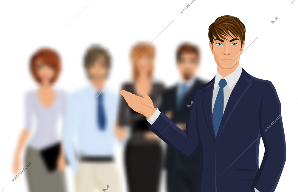 Portrait of young businessman in suit with blured business team vector illustration