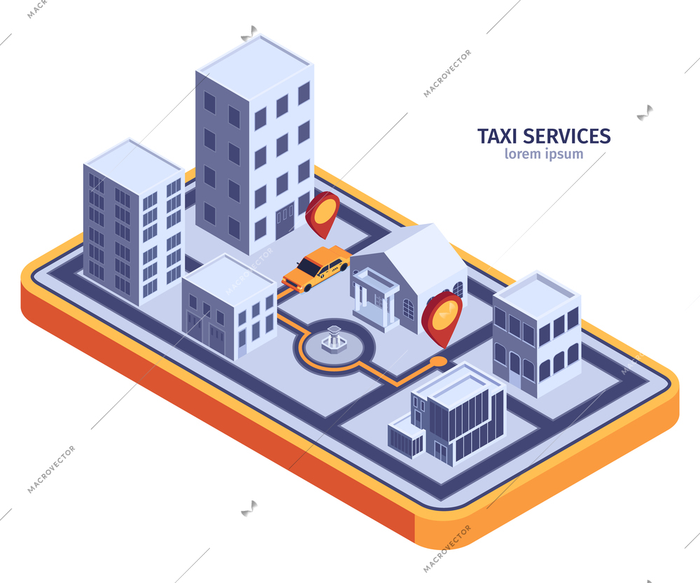 Isometric taxi composition with planar smartphone shaped surface and modern buildings with yellow cab and route vector illustration