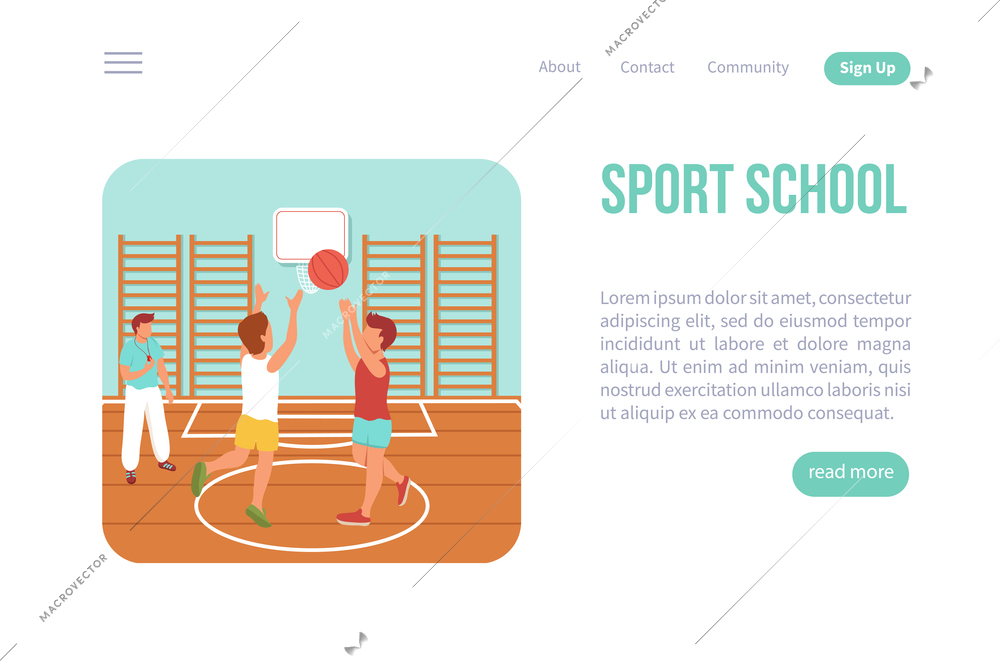 Kid sport web page isometric website with clickable links read more button and images of children vector illustration