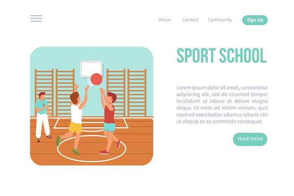 Kid sport web page isometric website with clickable links read more button and images of children vector illustration