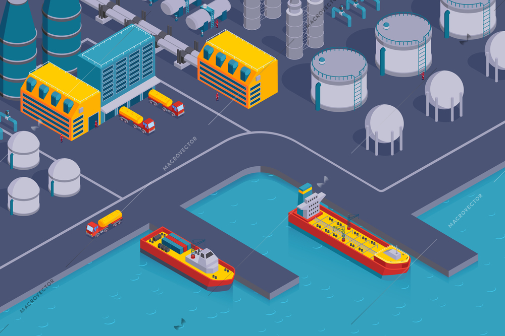 Isometric petroleum industry horizontal composition with view of coast station with plant buildings and cargo ships vector illustration