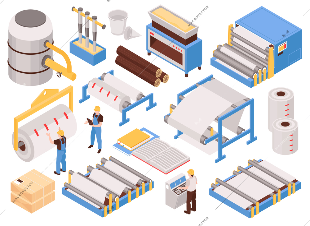 Paper manufacturing automated process machinery isometric set with pulping pressing drying sheet forming packaging isolated vector illustration