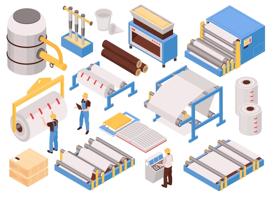 Paper manufacturing automated process machinery isometric set with pulping pressing drying sheet forming packaging isolated vector illustration