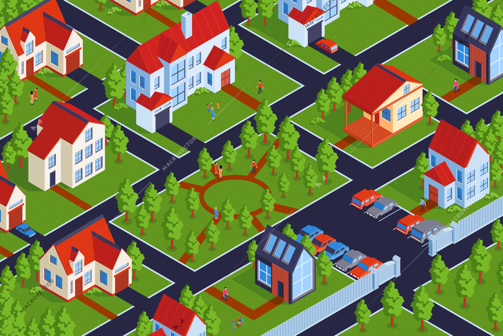 Isometric private town houses horizontal composition with outdoor view of district with low-rise home buildings vector illustration