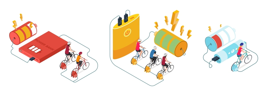 Power chargers set of isolated compositions with bicycle generator riders connected to power bank with batteries vector illustration