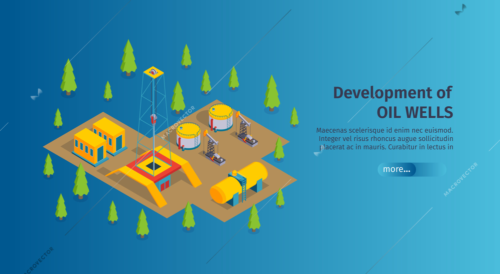 Isometric petroleum industry horizontal banner with editable text more button and images of oil derricks pumps vector illustration