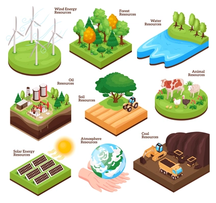 Natural water wind solar energy oil coal animal and forest wood environmental  resources isometric set vector illustration