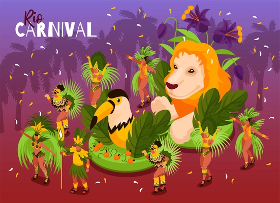 Brazilian carnival celebrations isometric  composition with fabulous dancers costumes huge lion toucan floats festive background vector illustration