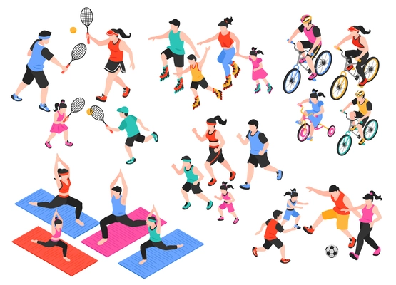 Family fitness isometric set with bicycle yoga and football isolated vector illustration