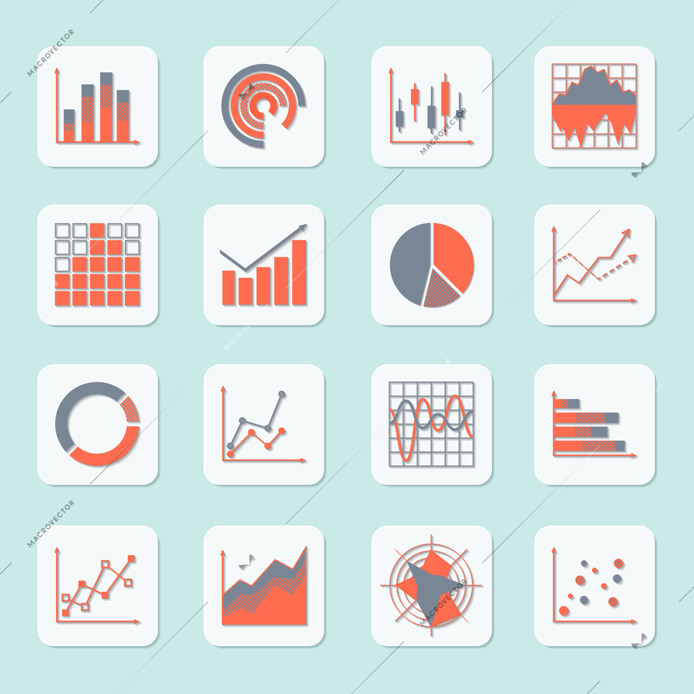 Business elements progress growth trends charts diagrams and graphs icons set isolated vector illustration