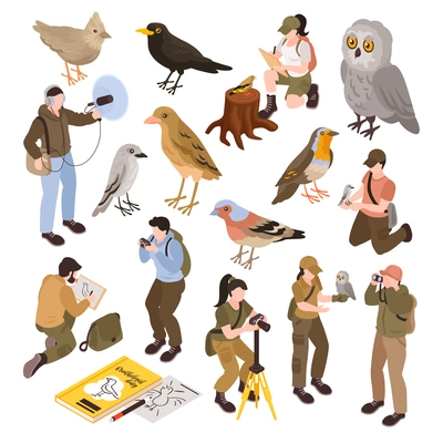 Ornithologist isometric set with different types of birds isolated vector illustration